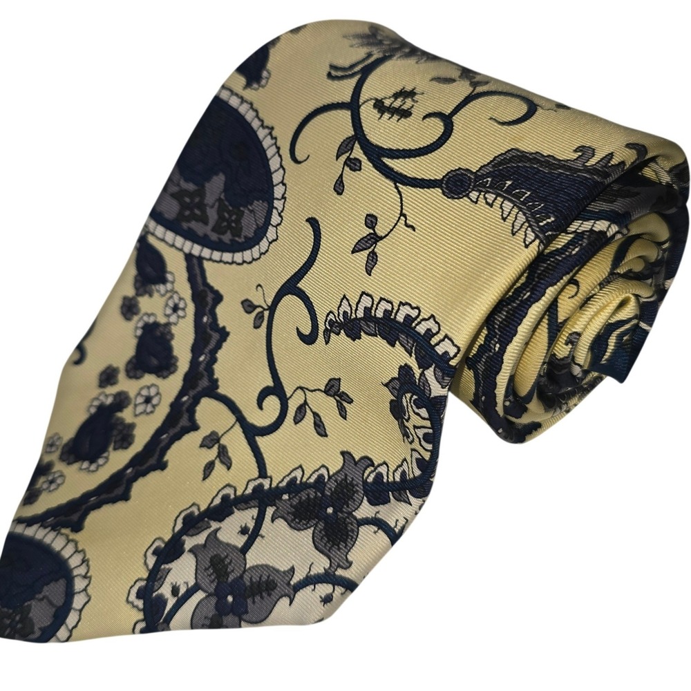 Sheaf & Caber Men's Tie 100% Silk Made in USA Yellow Blue Paisley 56"x4" Vintage